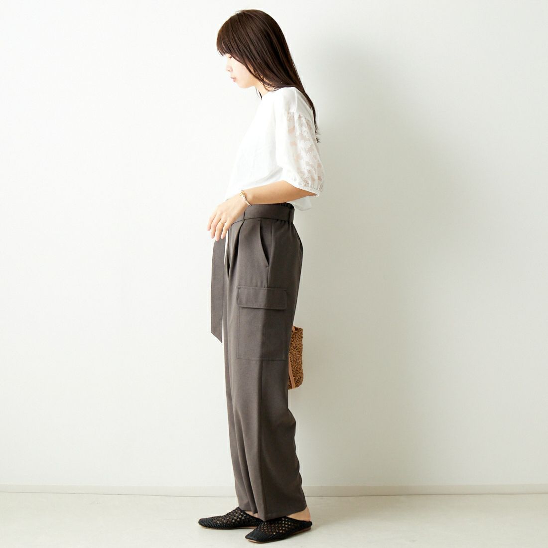 Jf Ready Made [ジェイエフレディメイド] 袖ジャガードTシャツ [3012107] 104 ｵﾌｼﾛ &&モデル身長：167cm 着用サイズ：F&&