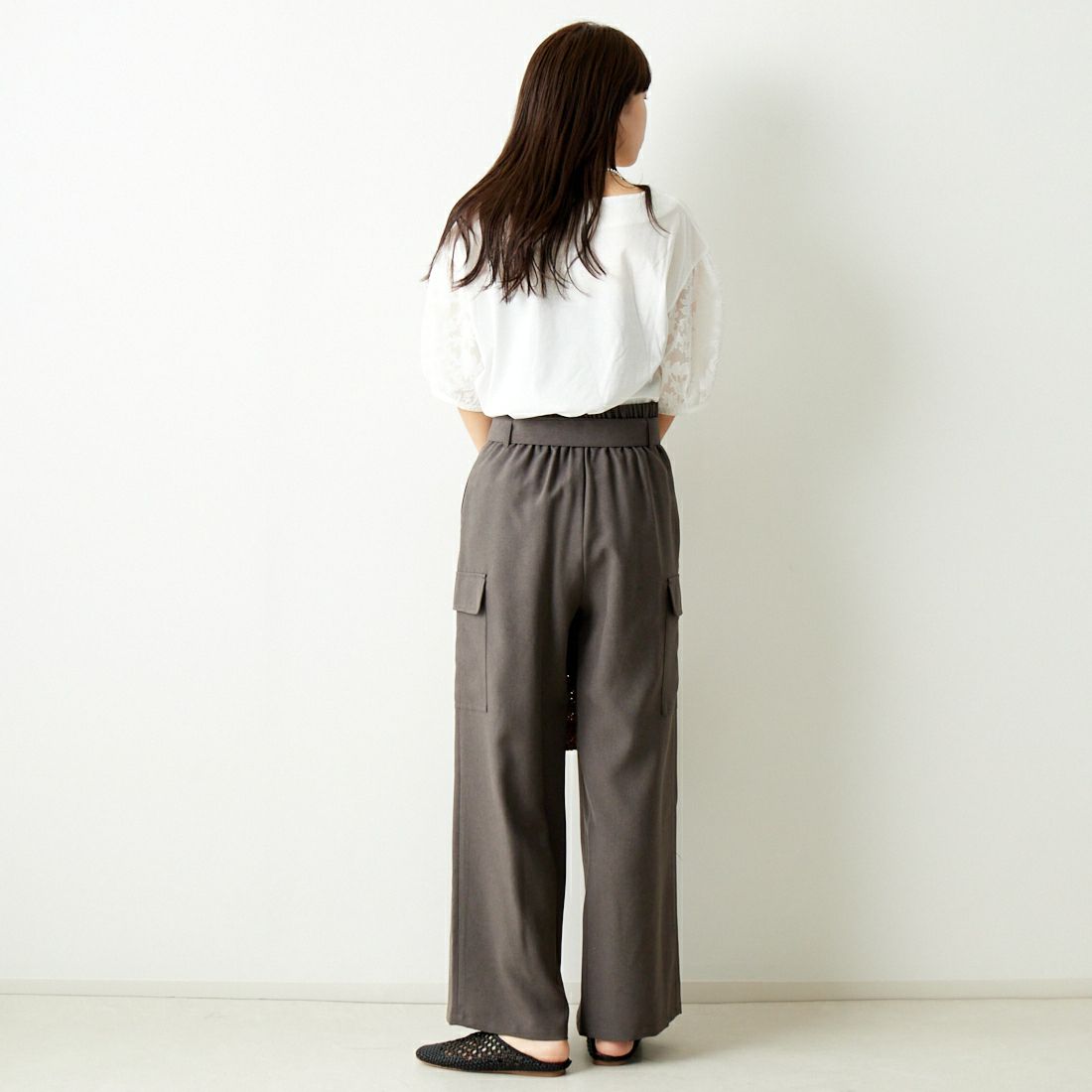 Jf Ready Made [ジェイエフレディメイド] 袖ジャガードTシャツ [3012107] 104 ｵﾌｼﾛ &&モデル身長：167cm 着用サイズ：F&&