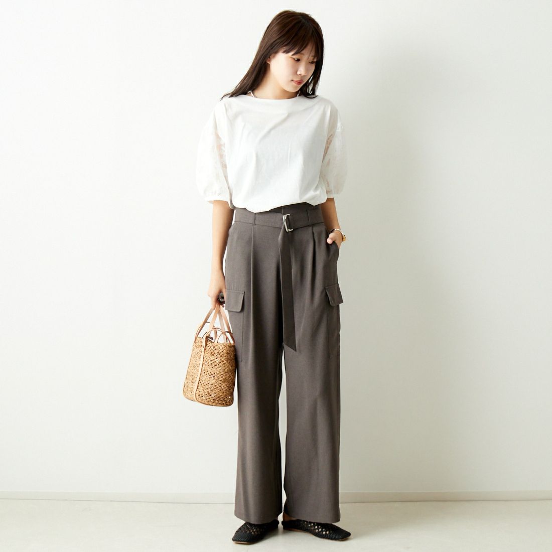 Jf Ready Made [ジェイエフレディメイド] 袖ジャガードTシャツ [3012107] 104 ｵﾌｼﾛ &&モデル身長：167cm 着用サイズ：F&&