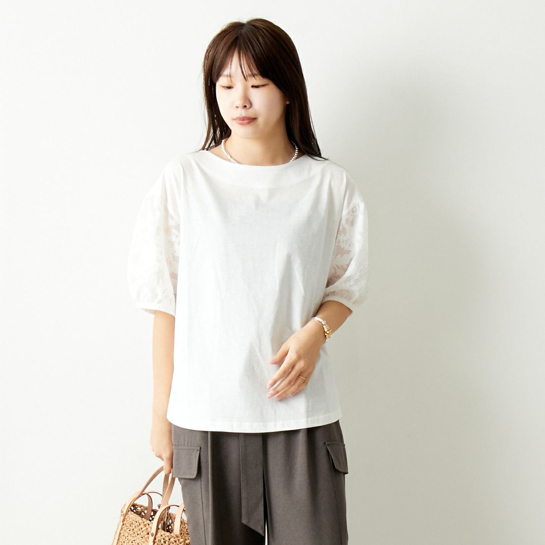 Jf Ready Made [ジェイエフレディメイド] 袖ジャガードTシャツ [3012107] 104 ｵﾌｼﾛ &&モデル身長：167cm 着用サイズ：F&&