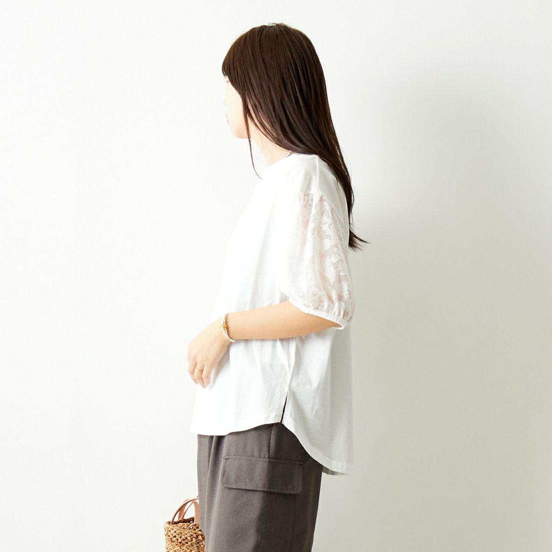 Jf Ready Made [ジェイエフレディメイド] 袖ジャガードTシャツ [3012107] 104 ｵﾌｼﾛ &&モデル身長：167cm 着用サイズ：F&&