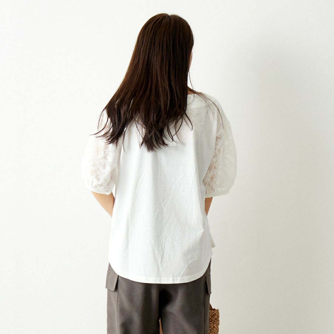 Jf Ready Made [ジェイエフレディメイド] 袖ジャガードTシャツ [3012107] 104 ｵﾌｼﾛ &&モデル身長：167cm 着用サイズ：F&&