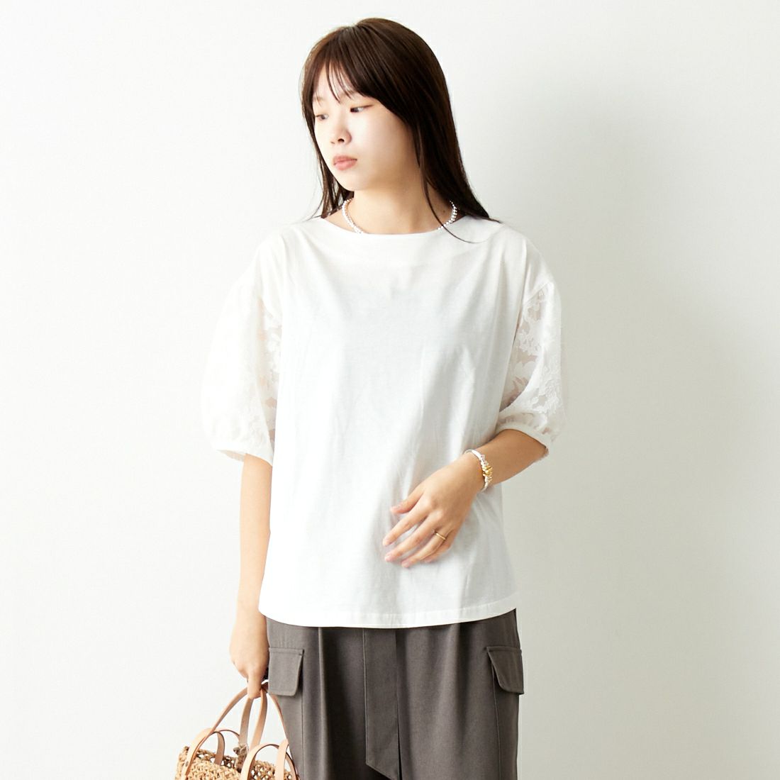 Jf Ready Made [ジェイエフレディメイド] 袖ジャガードTシャツ [3012107] 104 ｵﾌｼﾛ &&モデル身長：167cm 着用サイズ：F&&