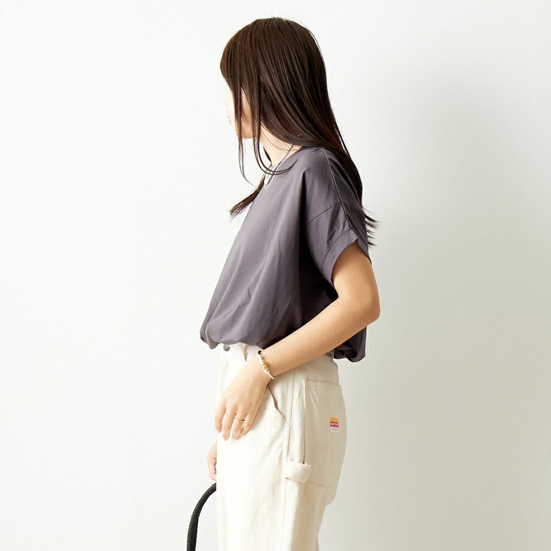Jf Ready Made [ジェイエフレディメイド] シルケットタックワイドTシャツ [963-27369] 08 ﾁｬｺｰﾙ &&モデル身長：167cm 着用サイズ：F&&