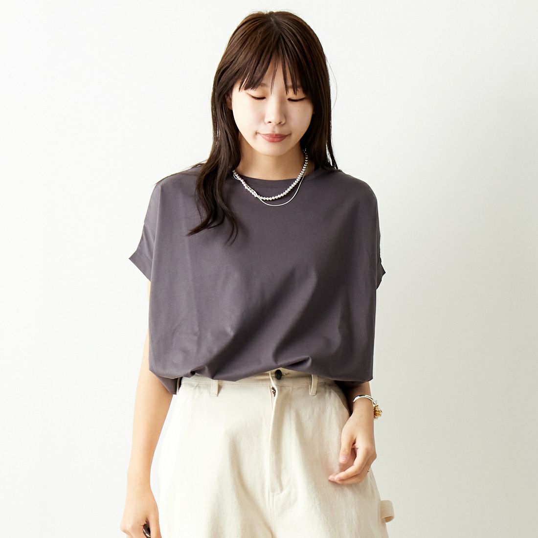 Jf Ready Made [ジェイエフレディメイド] シルケットタックワイドTシャツ [963-27369] 08 ﾁｬｺｰﾙ &&モデル身長：167cm 着用サイズ：F&&