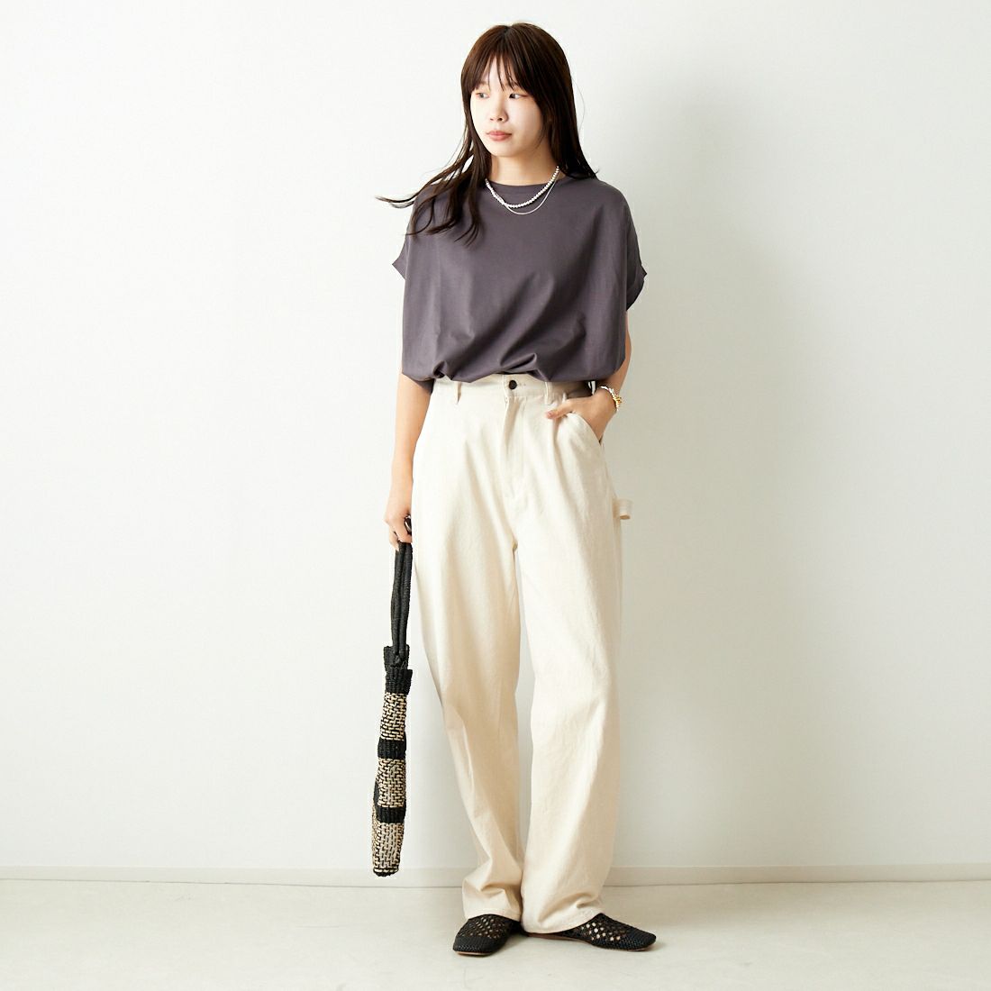 Jf Ready Made [ジェイエフレディメイド] シルケットタックワイドTシャツ [963-27369] 08 ﾁｬｺｰﾙ &&モデル身長：167cm 着用サイズ：F&&