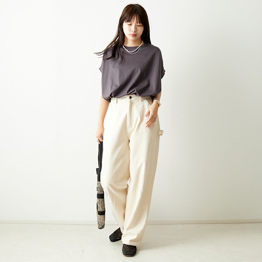 Jf Ready Made [ジェイエフレディメイド] シルケットタックワイドTシャツ [963-27369] 08 ﾁｬｺｰﾙ &&モデル身長：167cm 着用サイズ：F&&