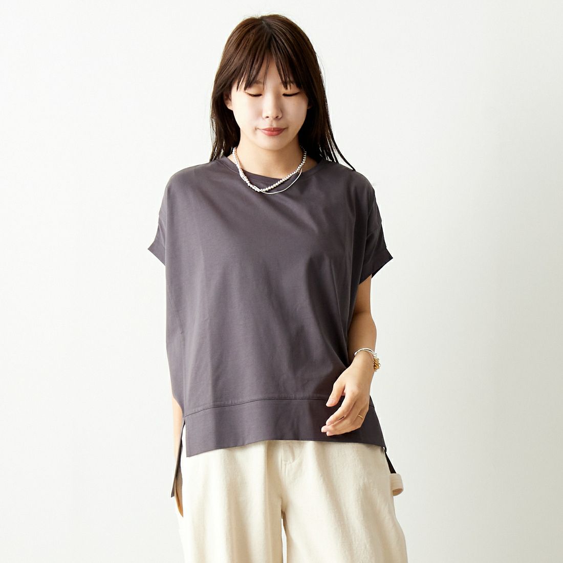 Jf Ready Made [ジェイエフレディメイド] シルケットタックワイドTシャツ [963-27369] 08 ﾁｬｺｰﾙ &&モデル身長：167cm 着用サイズ：F&&