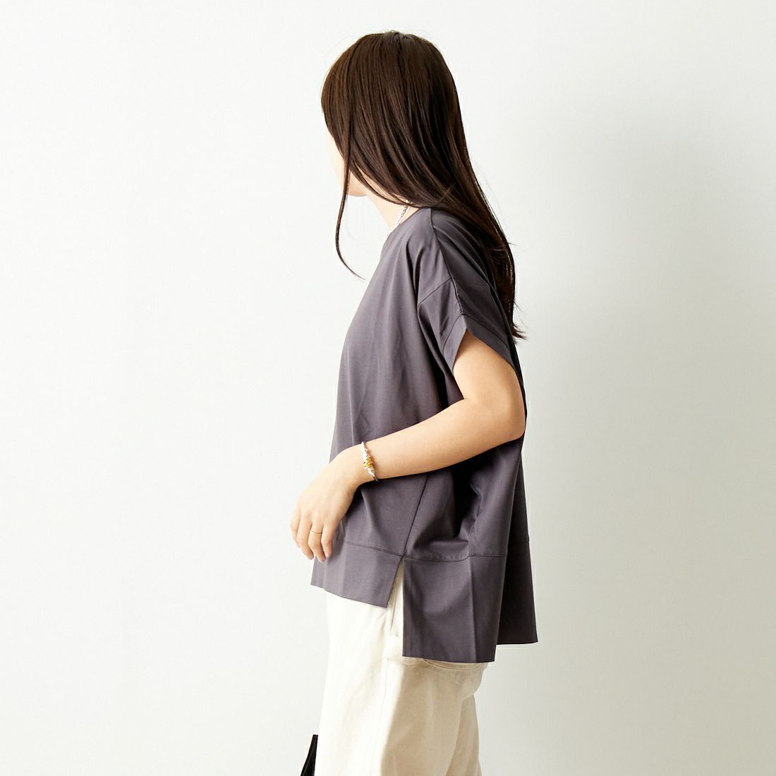 Jf Ready Made [ジェイエフレディメイド] シルケットタックワイドTシャツ [963-27369] 08 ﾁｬｺｰﾙ &&モデル身長：167cm 着用サイズ：F&&