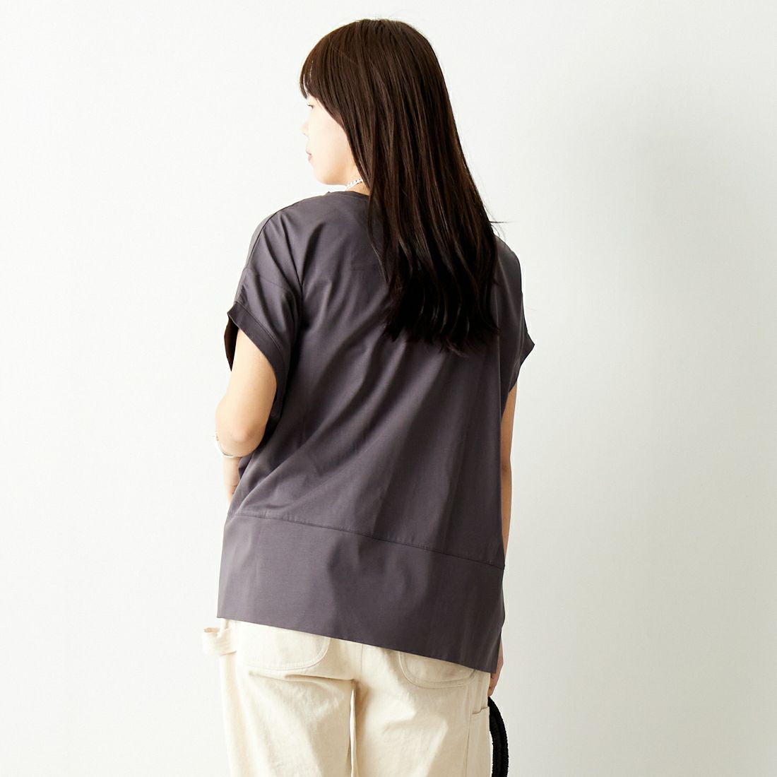 Jf Ready Made [ジェイエフレディメイド] シルケットタックワイドTシャツ [963-27369] 08 ﾁｬｺｰﾙ &&モデル身長：167cm 着用サイズ：F&&