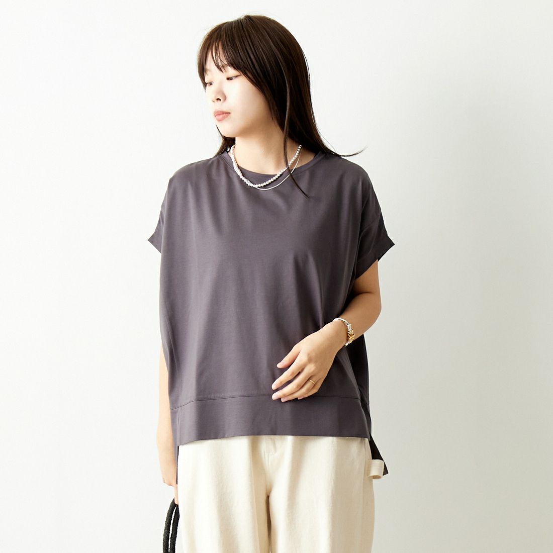 Jf Ready Made [ジェイエフレディメイド] シルケットタックワイドTシャツ [963-27369] 08 ﾁｬｺｰﾙ &&モデル身長：167cm 着用サイズ：F&&