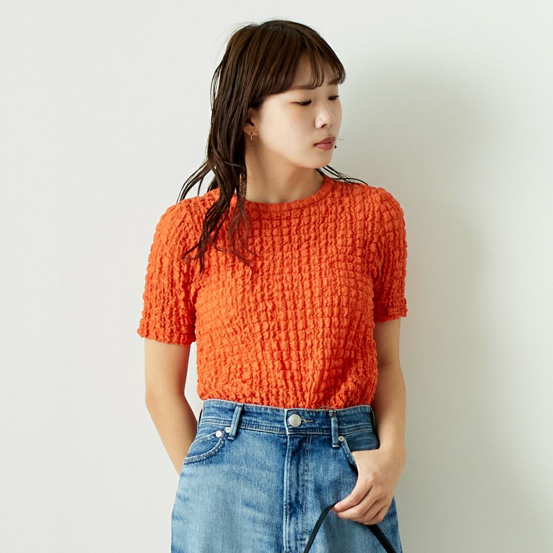 Jeans Factory Clothes [ジーンズファクトリークローズ] シャーリング プルオーバーカットソー [21242055] ｵﾚﾝｼﾞ &&モデル身長：167cm 着用サイズ：F&&