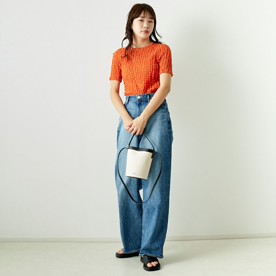 Jeans Factory Clothes [ジーンズファクトリークローズ] シャーリング プルオーバーカットソー [21242055] ｵﾚﾝｼﾞ &&モデル身長：167cm 着用サイズ：F&&