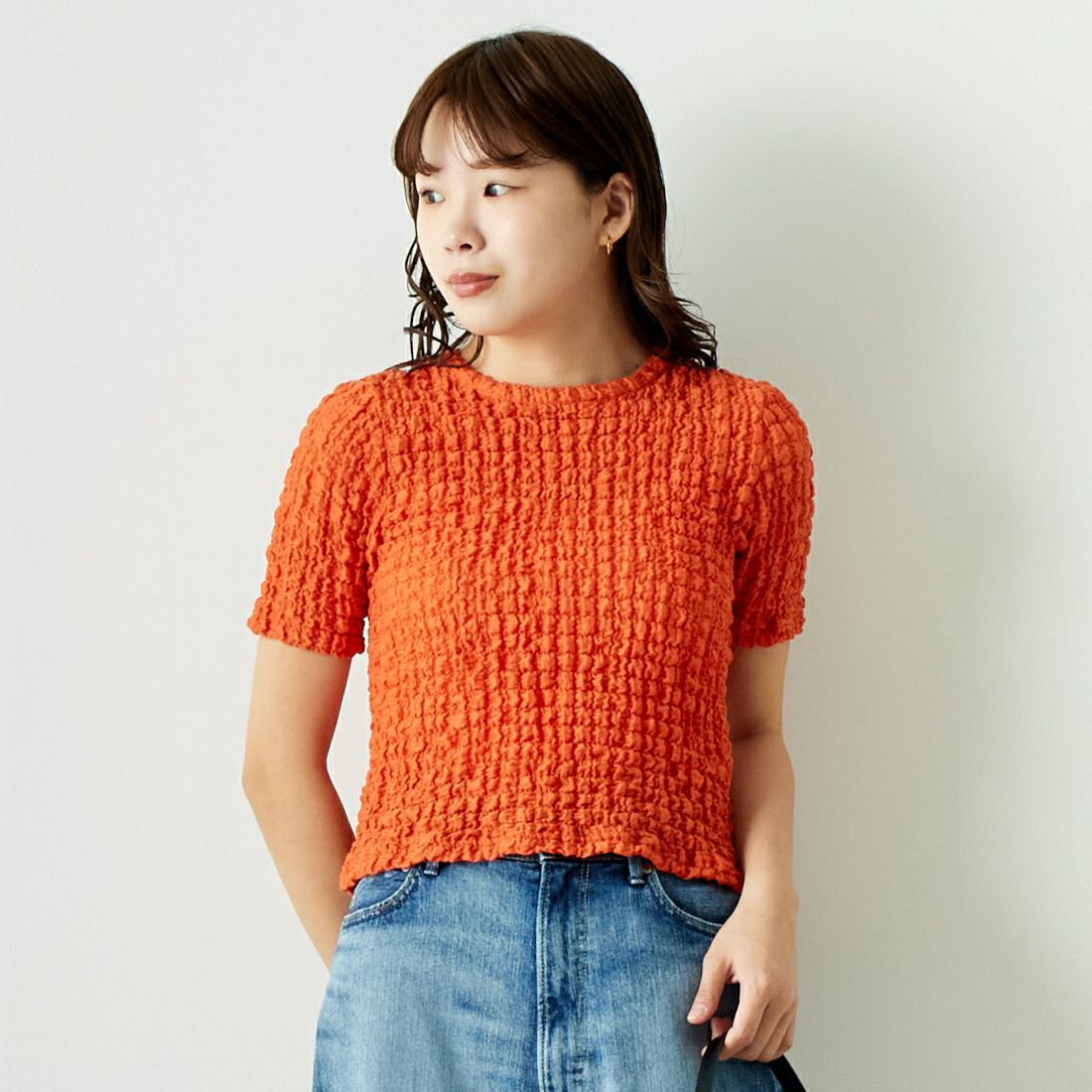 Jeans Factory Clothes [ジーンズファクトリークローズ] シャーリング プルオーバーカットソー [21242055] ｵﾚﾝｼﾞ &&モデル身長：167cm 着用サイズ：F&&