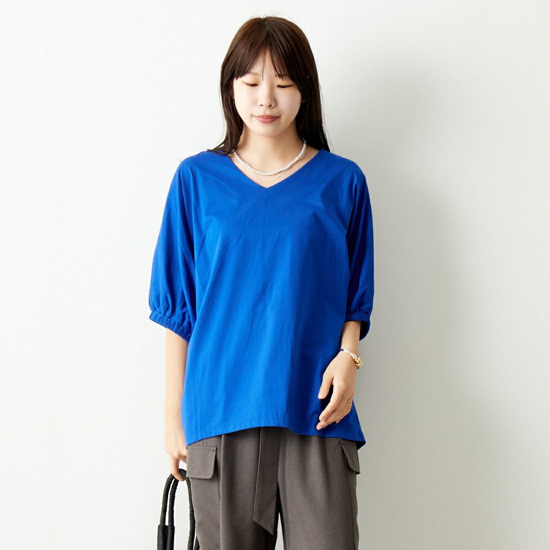 Jf Ready Made [ジェイエフレディメイド] ドルマンスリーブシルケットTシャツ [3012110] 501 ﾌﾞﾙ- &&モデル身長：167cm 着用サイズ：F&&