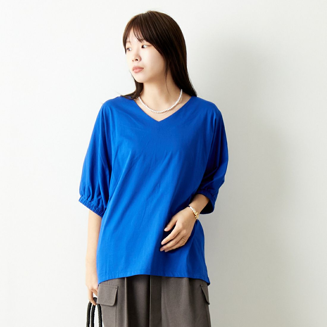 Jf Ready Made [ジェイエフレディメイド] ドルマンスリーブシルケットTシャツ [3012110] 501 ﾌﾞﾙ- &&モデル身長：167cm 着用サイズ：F&&