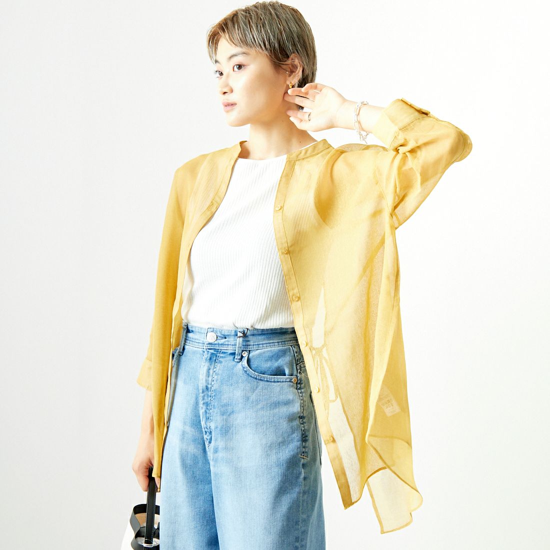 Jf Ready Made [ジェイエフレディメイド] シアーリネンバックリボンシャツ [754376] 53 ﾏｽﾀｰﾄﾞ &&モデル身長：160cm 着用サイズ：F&&