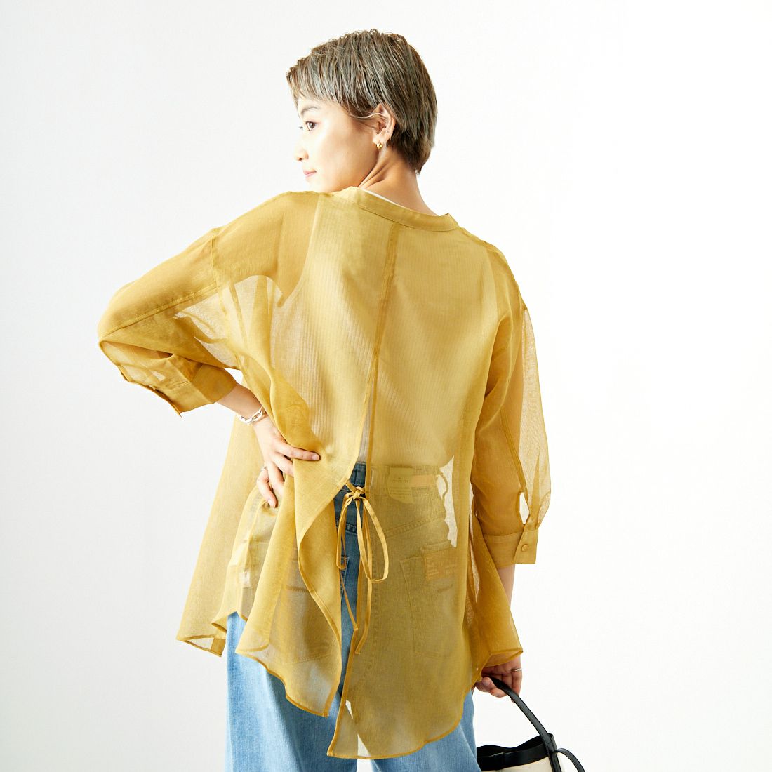 Jf Ready Made [ジェイエフレディメイド] シアーリネンバックリボンシャツ [754376] 53 ﾏｽﾀｰﾄﾞ &&モデル身長：160cm 着用サイズ：F&&