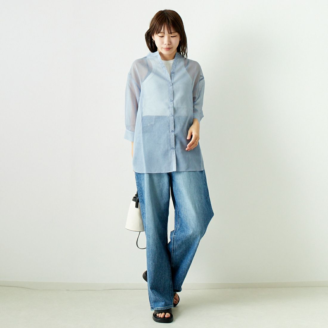 Jf Ready Made [ジェイエフレディメイド] シアーリネンバックリボンシャツ [754376] 86 ﾗｲﾄﾌﾞﾙｰ &&モデル身長：167cm 着用サイズ：F&&