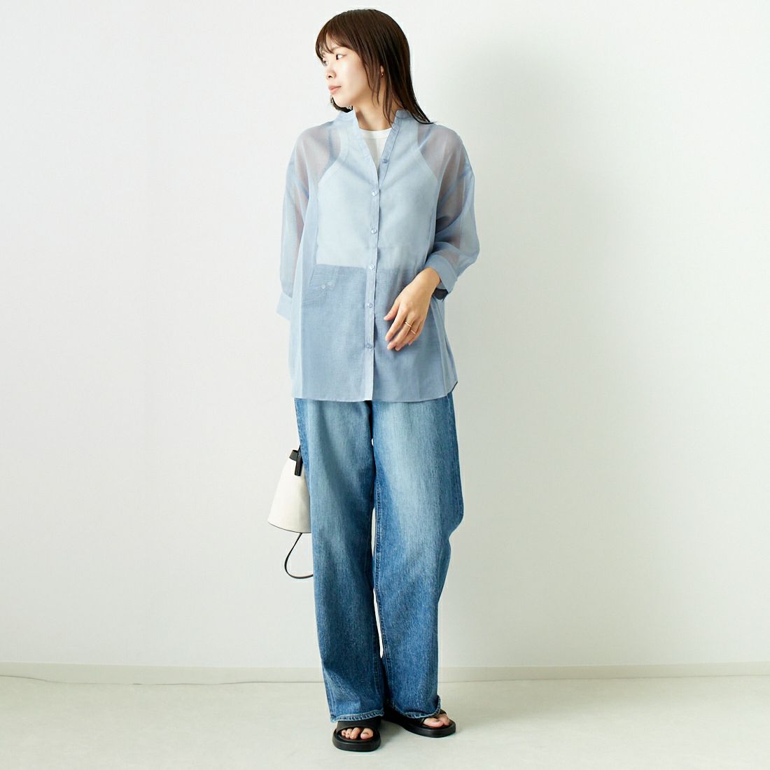 Jf Ready Made [ジェイエフレディメイド] シアーリネンバックリボンシャツ [754376] 86 ﾗｲﾄﾌﾞﾙｰ &&モデル身長：167cm 着用サイズ：F&&