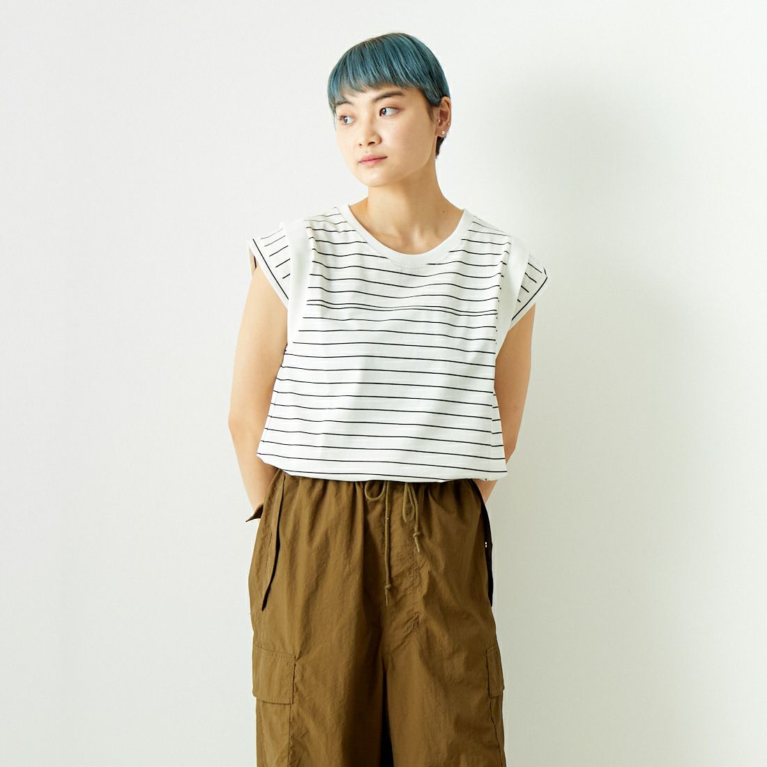 Jf Ready Made [ジェイエフレディメイド] ドライコットン ノースリーブTシャツ [7124341] ｵﾌ/ﾌﾞﾗｯｸ &&モデル身長：160cm 着用サイズ：F&&