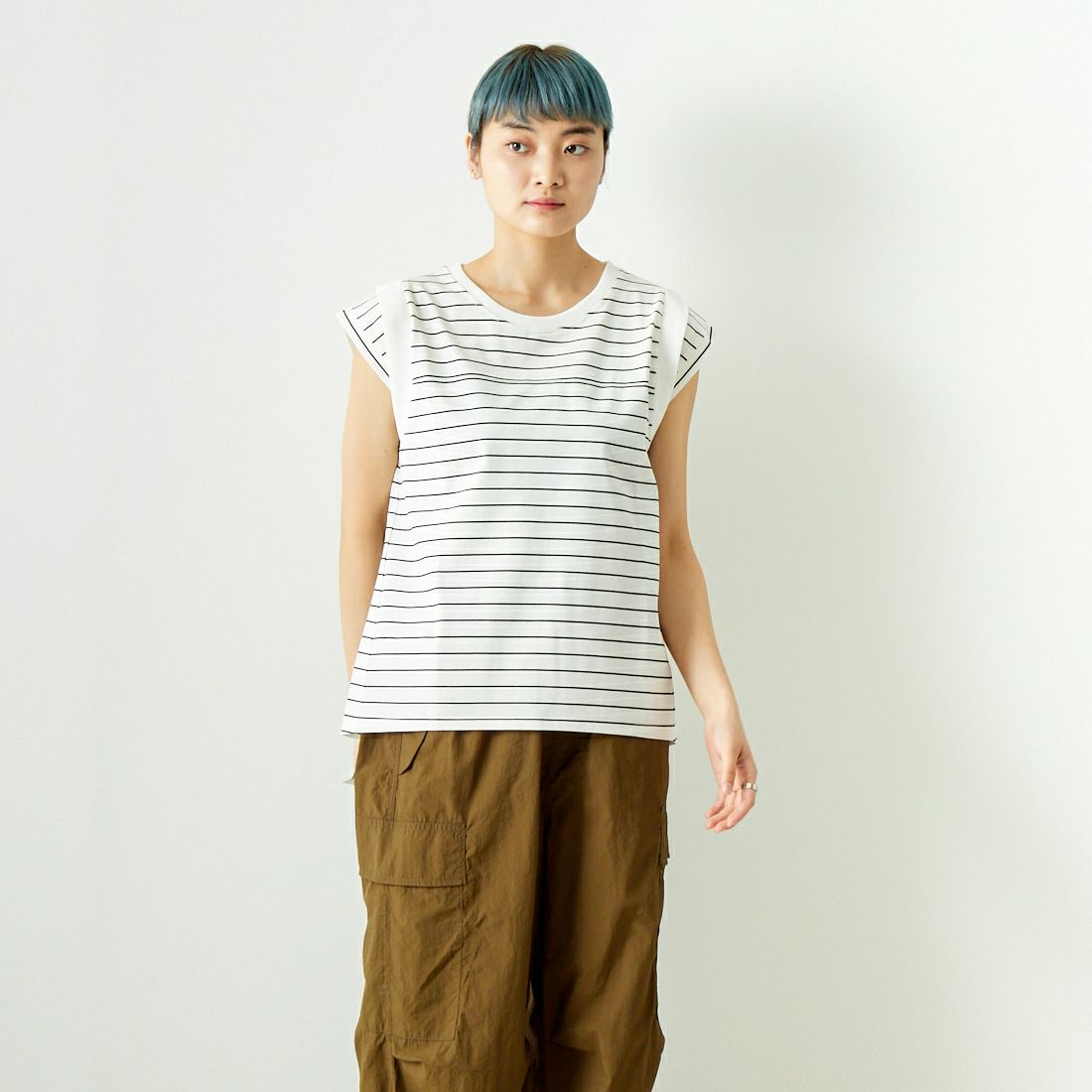 Jf Ready Made [ジェイエフレディメイド] ドライコットン ノースリーブTシャツ [7124341] ｵﾌ/ﾌﾞﾗｯｸ &&モデル身長：160cm 着用サイズ：F&&