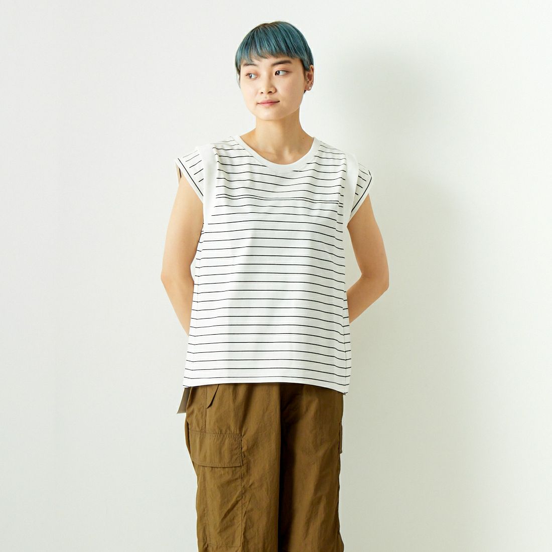 Jf Ready Made [ジェイエフレディメイド] ドライコットン ノースリーブTシャツ [7124341] ｵﾌ/ﾌﾞﾗｯｸ &&モデル身長：160cm 着用サイズ：F&&