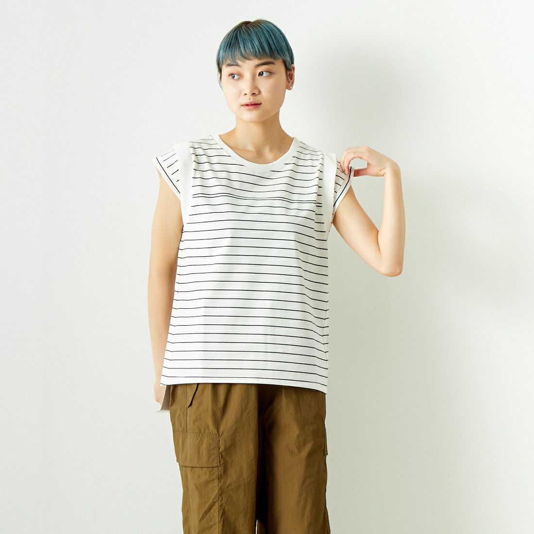 Jf Ready Made [ジェイエフレディメイド] ドライコットン ノースリーブTシャツ [7124341] ｵﾌ/ﾌﾞﾗｯｸ &&モデル身長：160cm 着用サイズ：F&&