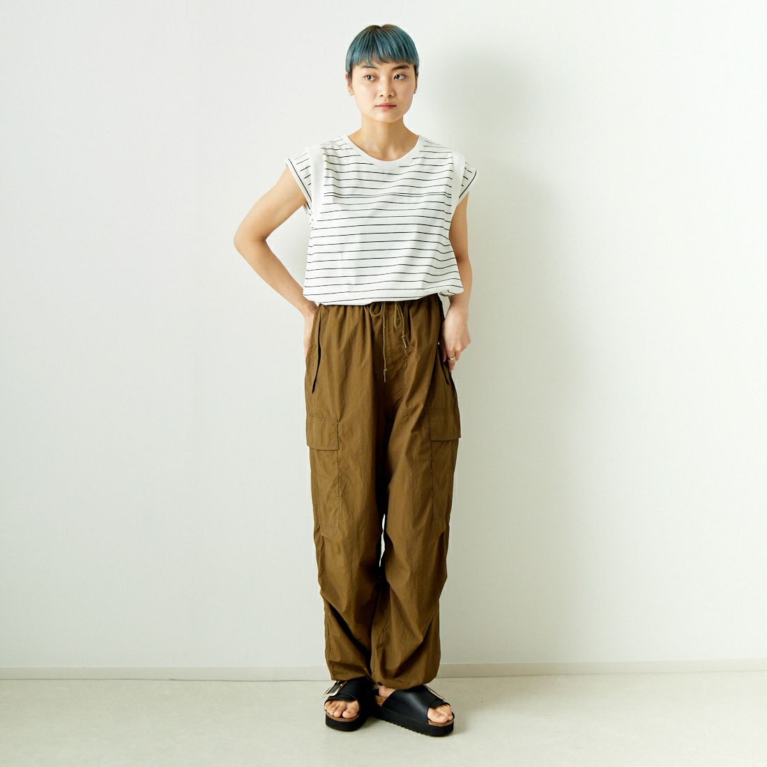 Jf Ready Made [ジェイエフレディメイド] ドライコットン ノースリーブTシャツ [7124341] ｵﾌ/ﾌﾞﾗｯｸ &&モデル身長：160cm 着用サイズ：F&&