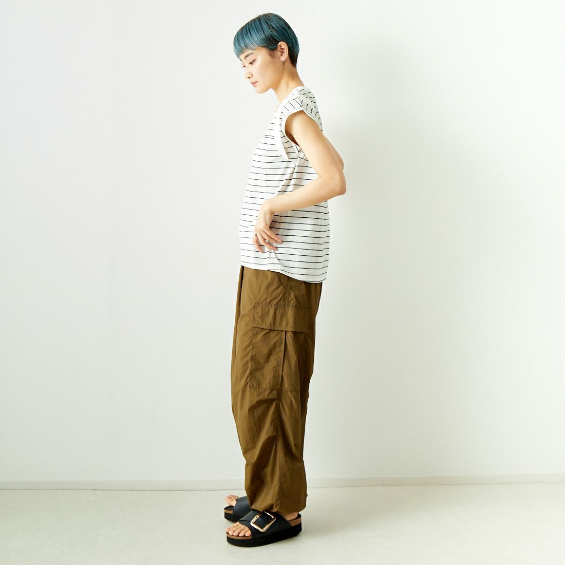Jf Ready Made [ジェイエフレディメイド] ドライコットン ノースリーブTシャツ [7124341] ｵﾌ/ﾌﾞﾗｯｸ &&モデル身長：160cm 着用サイズ：F&&