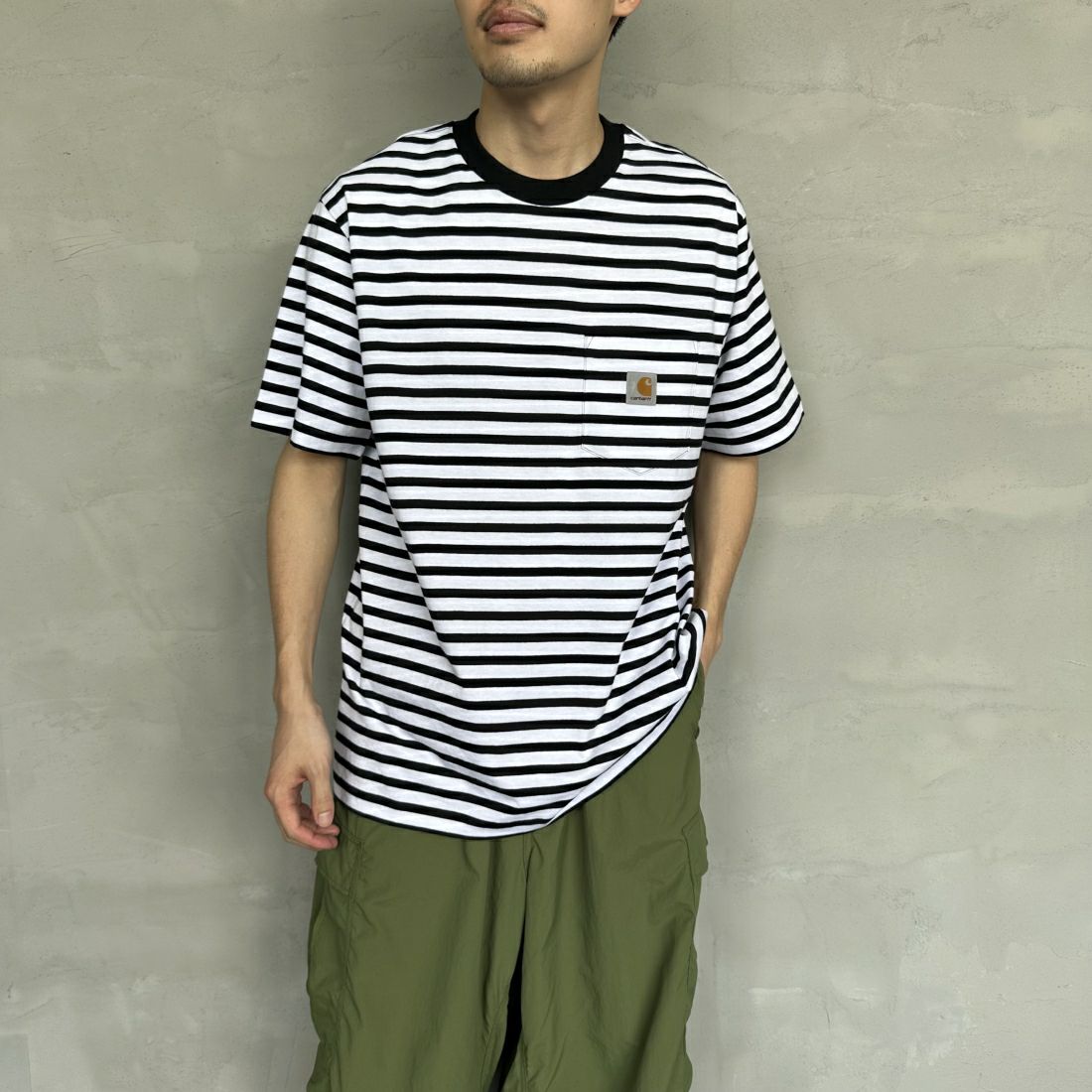 carhartt WIP [カーハートダブリューアイピー] スクエアラベルポケットTシャツ [I032311] S.ST BLACK &&モデル身長：168cm 着用サイズ：L&&
