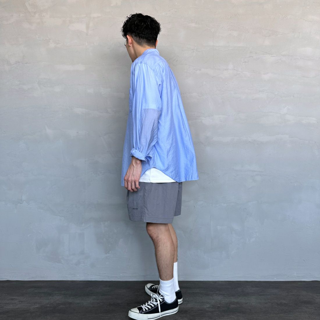 +phenix [プラスフェニックス] 別注 ドローコード イージーショートパンツ [POB-240011IN-JF] GRAY &&モデル身長：168cm 着用サイズ：M&&