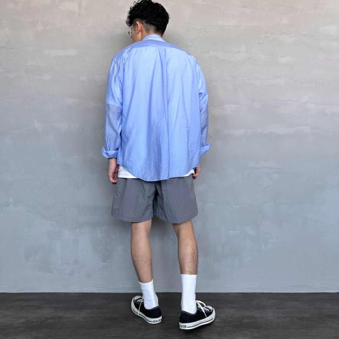 +phenix [プラスフェニックス] 別注 ドローコード イージーショートパンツ [POB-240011IN-JF] GRAY &&モデル身長：168cm 着用サイズ：M&&