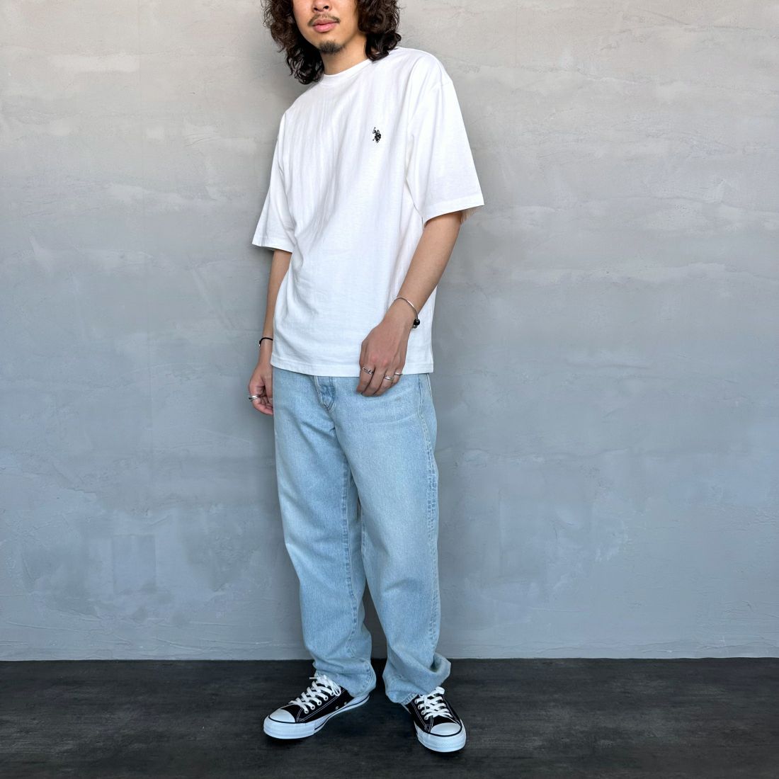 U.S.POLO ASSN. [ユーエスポロアッスン] 別注 ワンポイントロゴ刺繍 ショートスリーブTシャツ [PLM42216IN-JF] ﾎﾜｲﾄ &&モデル身長：173cm 着用サイズ：M&&