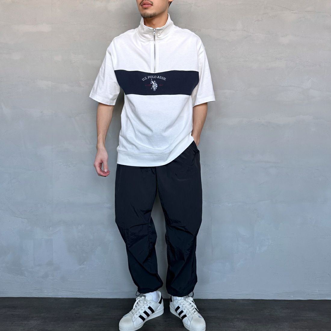U.S.POLO ASSN. [ユーエスポロアッスン] 別注 ハーフジップ ショートスリーブTシャツ [PLM42217IN-JF] ﾎﾜｲﾄ &&モデル身長：168cm 着用サイズ：M&&