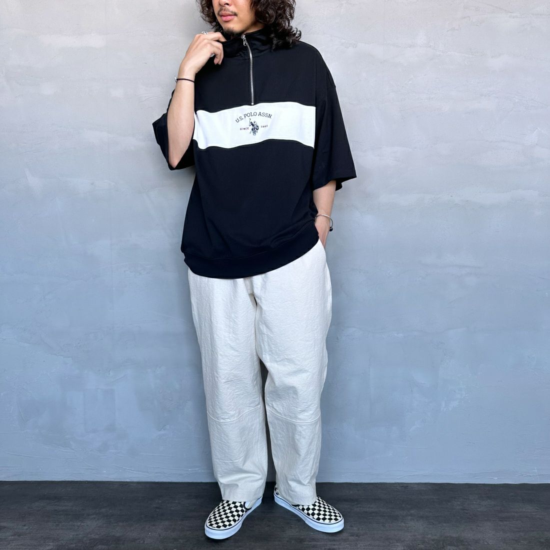 U.S.POLO ASSN. [ユーエスポロアッスン] 別注 ハーフジップ ショートスリーブTシャツ [PLM42217IN-JF] ﾌﾞﾗｯｸ &&モデル身長：173cm 着用サイズ：XL&&