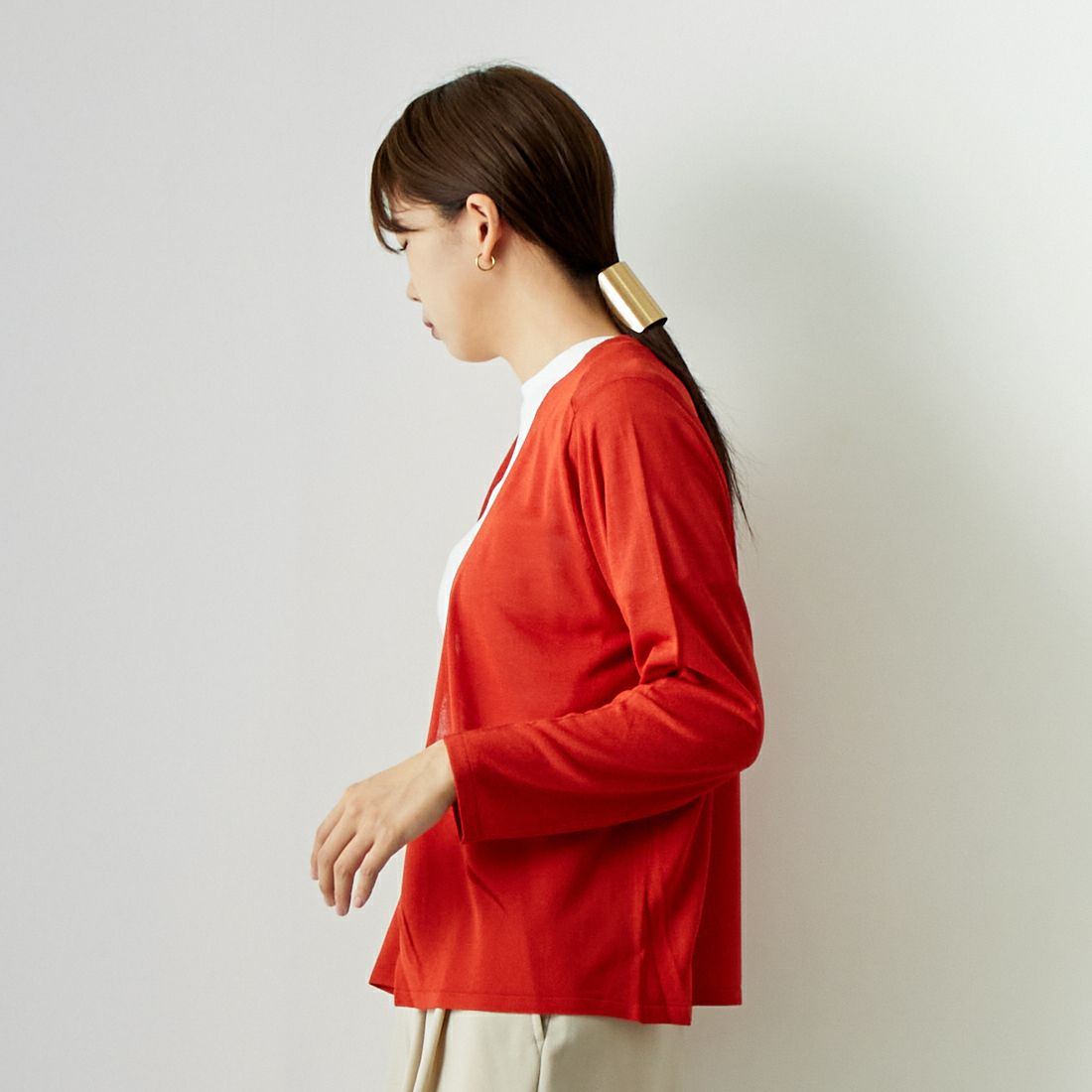 Jf Ready Made [ジェイエフレディメイド] クールビスコース ヨーク切替カーディガン [3124030] ﾚｯﾄﾞ &&モデル身長：167cm 着用サイズ：F&&