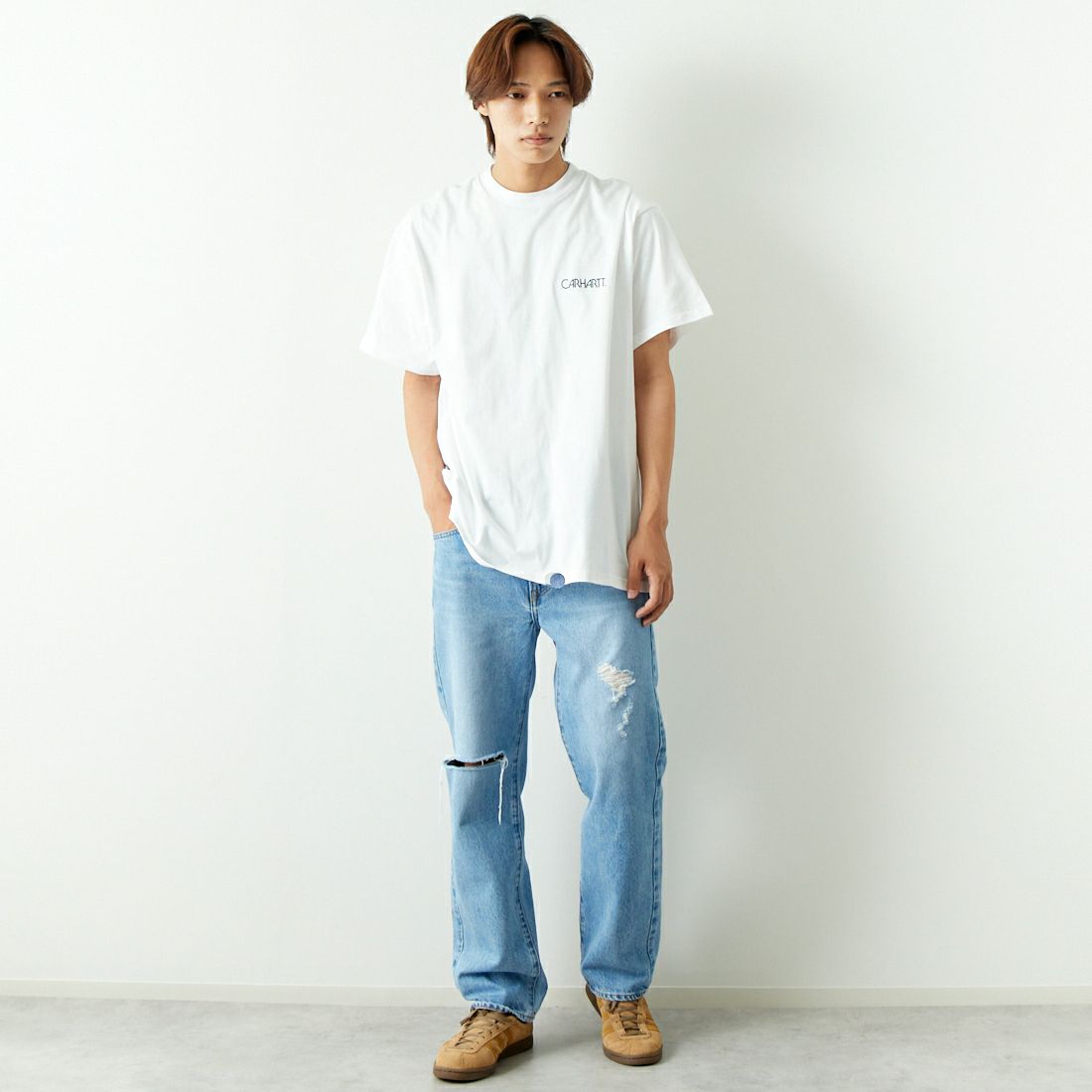 carhartt WIP [カーハートダブリューアイピー] ショートスリーブ ソイルTシャツ [I033260] WHITE &&モデル身長：179cm 着用サイズ：L&&