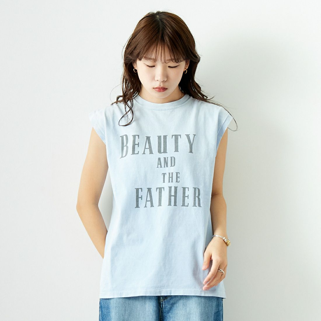 REMI RELIEF [レミレリーフ] NEW加工丸胴天竺ノースリーブTシャツ [RN26349101] SAX &&モデル身長：167cm 着用サイズ：S&&