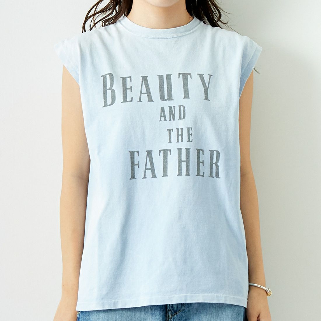 REMI RELIEF [レミレリーフ] NEW加工丸胴天竺ノースリーブTシャツ [RN26349101] SAX &&モデル身長：167cm 着用サイズ：S&&