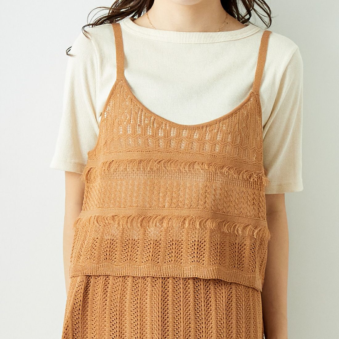 Jeans Factory Clothes [ジーンズファクトリークローズ] メッシュフリンジビスチェ [11242810] ﾓｶ &&モデル身長：167cm 着用サイズ：F&&