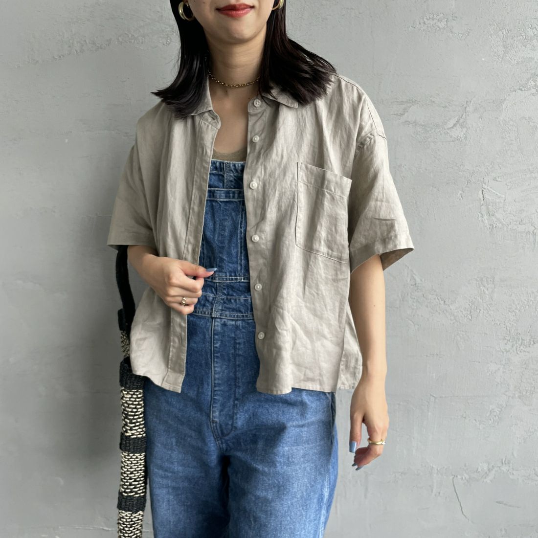 Jeans Factory Clothes [ジーンズファクトリークローズ] ワイドシルエットリネンシャツ [LFP500] 710 BEIGE &&モデル身長：163cm 着用サイズ：F&&