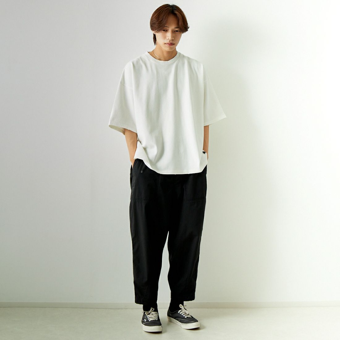 Noir Fabrik [ヌワールファブリック] 鹿の子ダメージTシャツ [NF-242-035] WHITE &&モデル身長：179cm 着用サイズ：L&&