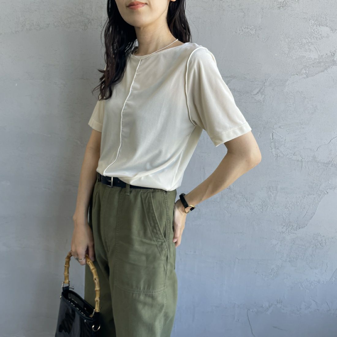 By/m [バイエム] ショートスリーブ シアーベロアTシャツ [24412030] 02 OFF &&モデル身長：160cm 着用サイズ：F&&
