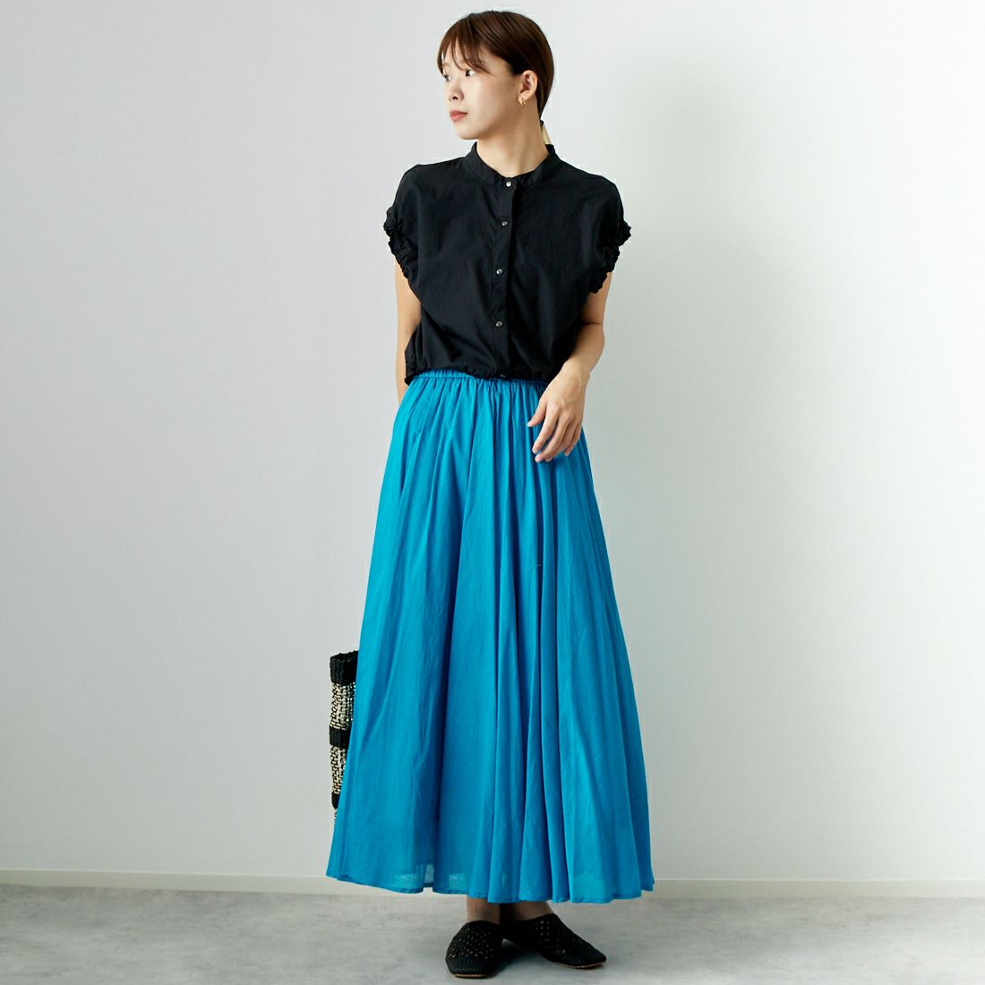 Jeans Factory Clothes [ジーンズファクトリークローズ] コットンフレアスカート [80990217] 074 ﾀｰｺ &&モデル身長：167cm 着用サイズ：F&&
