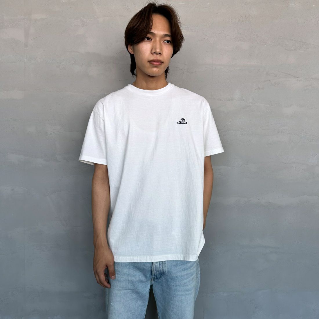 The Endless Summer [エンドレスサマー] 別注 ワンポイントBUHI刺繍ロゴTシャツ [FH-24574508-JF] 07 WHITE&&モデル身長：179cm 着用サイズ：XL&&
