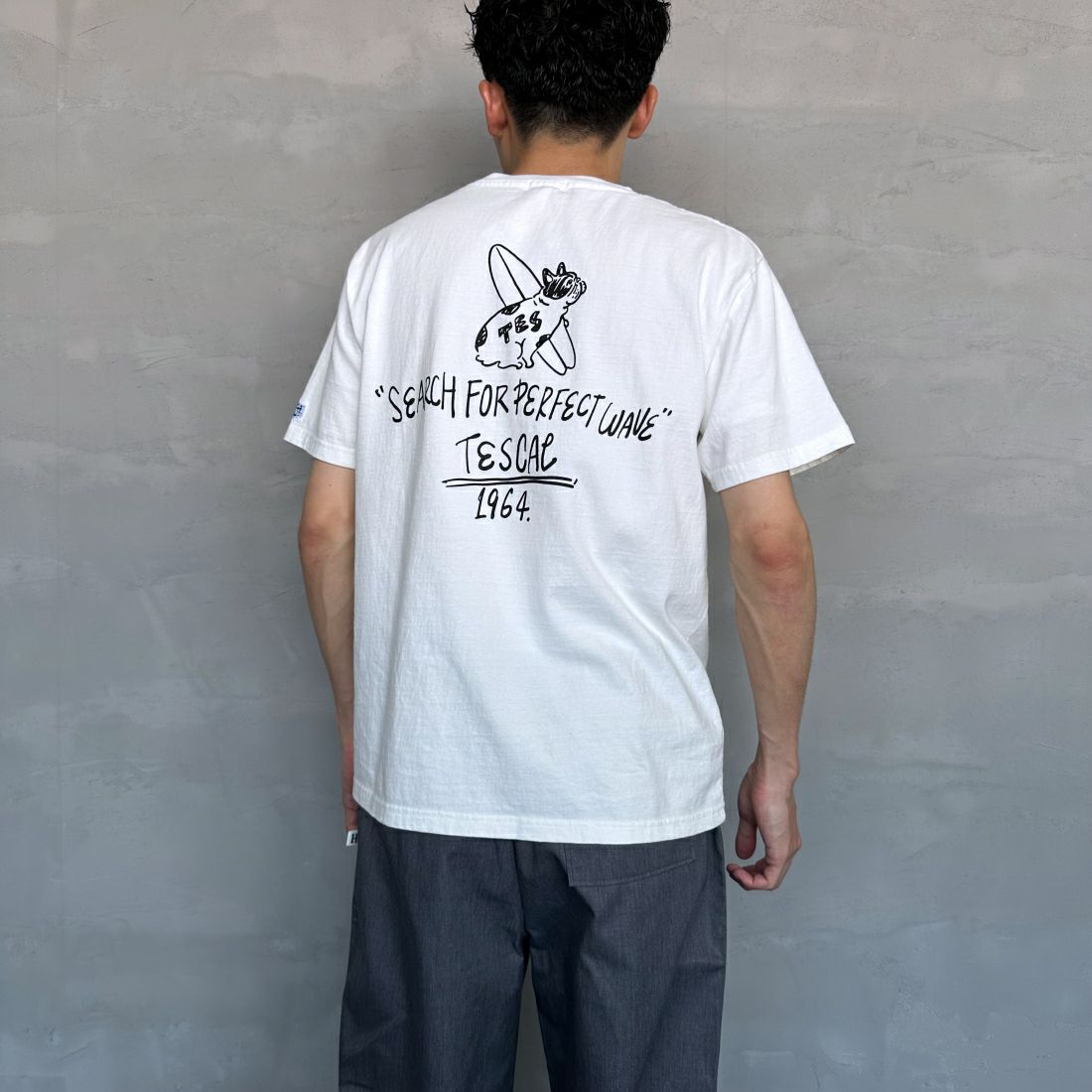 The Endless Summer [エンドレスサマー] 別注 手書き風ロゴ BUHIバックプリントTシャツ [FH-24574509-JF] 07 WHITE&&モデル身長：168cm 着用サイズ：M&&