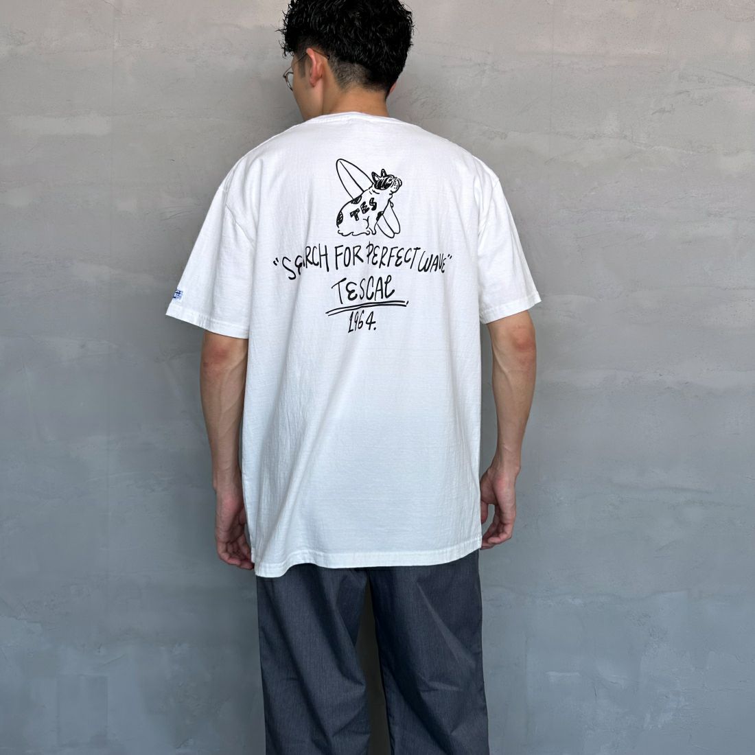 The Endless Summer [エンドレスサマー] 別注 手書き風ロゴ BUHIバックプリントTシャツ [FH-24574509-JF] 07 WHITE&&モデル身長：168cm 着用サイズ：XL&&