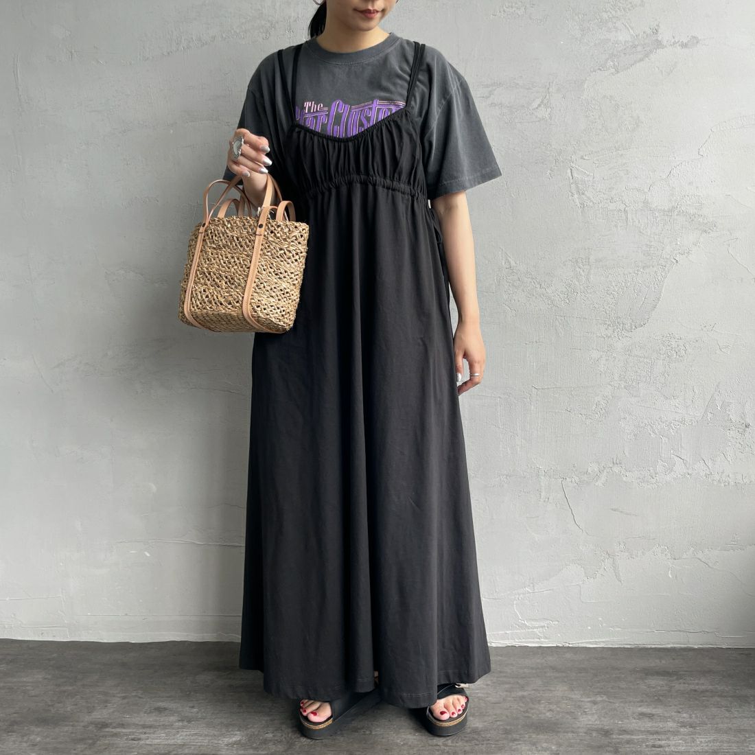 By/m [バイエム] マルチWAY ギャザーキャミカットワンピース [24122007] 09 BLACK &&モデル身長：156cm 着用サイズ：F&&