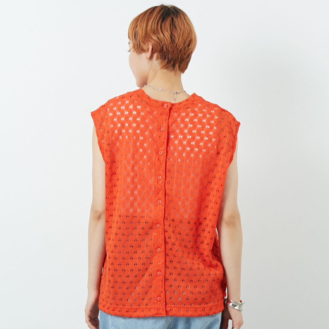 MEYAME [メヤメ] レーススリーブレスプルオーバー [MEY-1865] ORANGE &&モデル身長：160cm 着用サイズ：F&&
